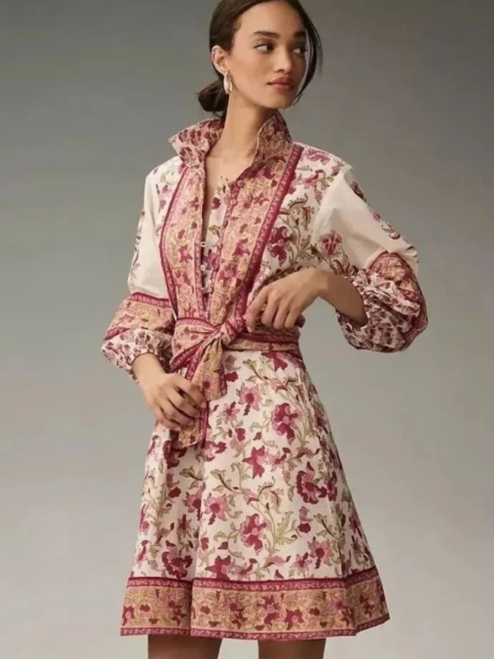Sue Sartor Pink Floral Longe Sleeve Belted Short Flounce Dress Womens